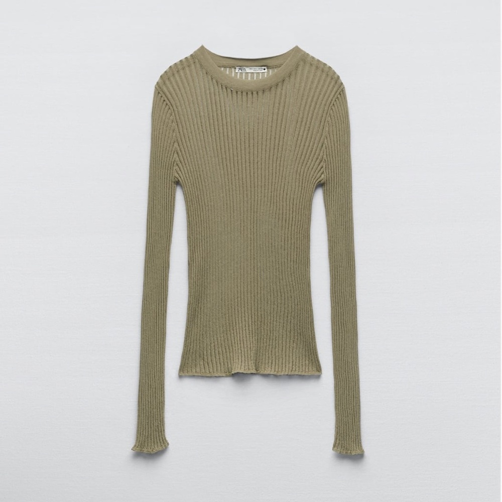 Zara Olive Ribbed Long Sleeve Top